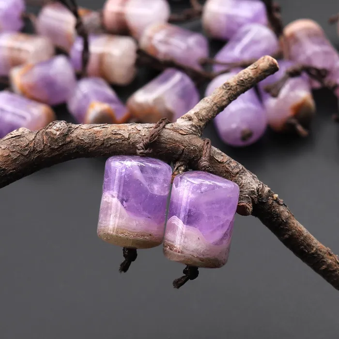 Intrinsic Trading Earrings Rare Natural Rainbow Purple Amethyst Earring Pair Matched Short Cylinder Tube 14x10mm Gemstone Beads W Amazing Veins Bands