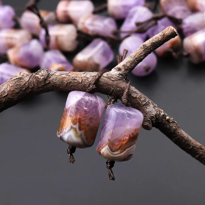 Intrinsic Trading Earrings Rare Natural Rainbow Purple Amethyst Earring Pair Matched Short Cylinder Tube 14x10mm Gemstone Beads W Amazing Veins Bands