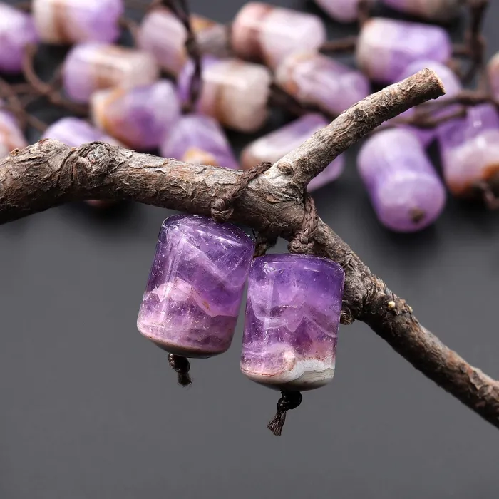 Intrinsic Trading Earrings Rare Natural Rainbow Purple Amethyst Earring Pair Matched Short Cylinder Tube 14x10mm Gemstone Beads W Amazing Veins Bands
