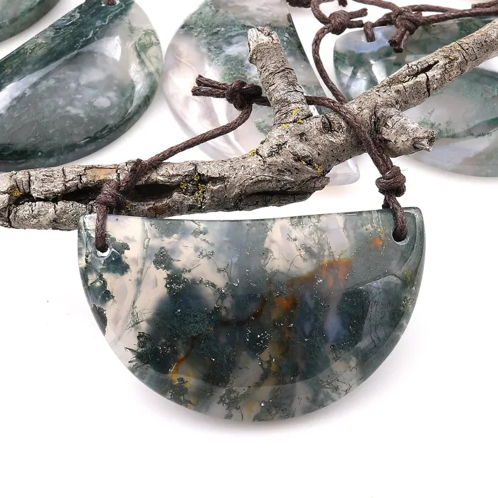 Intrinsic Trading Necklaces 2 Hole Pendant Natural Green Moss Agate Half Circle Moon Pendant A2 Intrinsic Trading Necklaces 2 Hole Pendant Natural Green Moss Agate Half Circle Moon Pendant A2