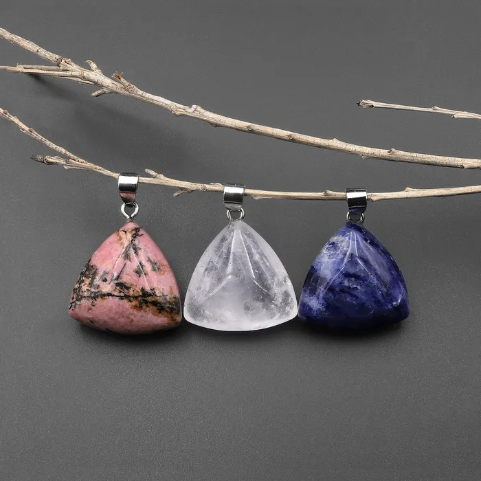 Intrinsic Trading Necklaces Natural Gemstone Puffy Triangle Pendant Choose from Rock Quartz Rhodonite Tigers Eye Sodalite Purple Chalcedony Landscape Ocean Jasper