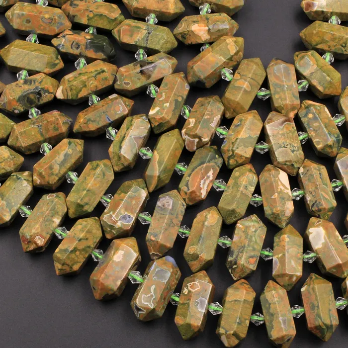 Intrinsic Trading Necklaces Natural Rainforest Rhyolite Jasper Faceted Double Terminated Pointed Tips Center Drilled Healing Focal Pendant Bead 16 Strand