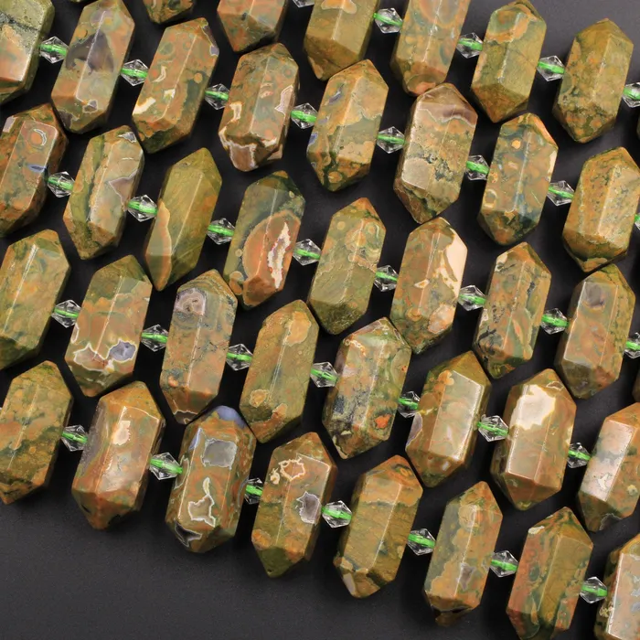 Intrinsic Trading Necklaces Natural Rainforest Rhyolite Jasper Faceted Double Terminated Pointed Tips Center Drilled Healing Focal Pendant Bead 16 Strand