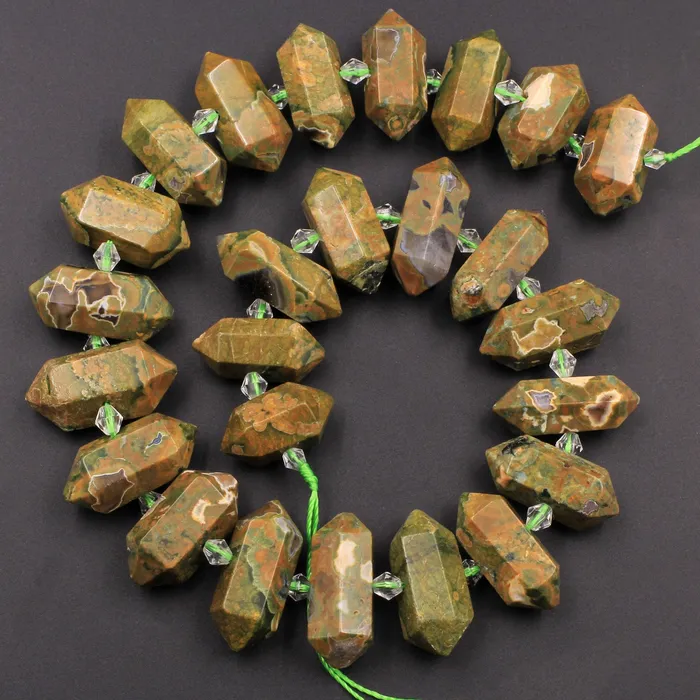 Intrinsic Trading Necklaces Natural Rainforest Rhyolite Jasper Faceted Double Terminated Pointed Tips Center Drilled Healing Focal Pendant Bead 16 Strand