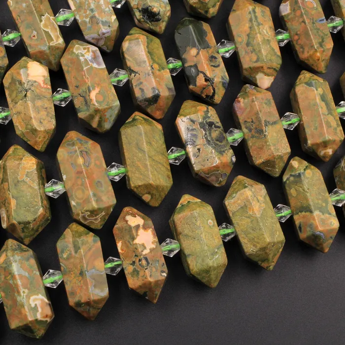 Intrinsic Trading Necklaces Natural Rainforest Rhyolite Jasper Faceted Double Terminated Pointed Tips Center Drilled Healing Focal Pendant Bead 16 Strand