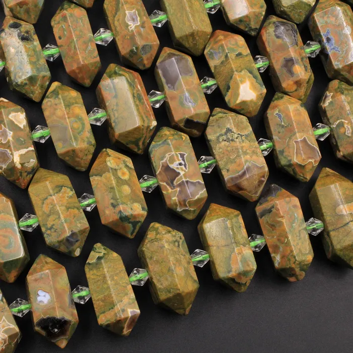 Intrinsic Trading Necklaces Natural Rainforest Rhyolite Jasper Faceted Double Terminated Pointed Tips Center Drilled Healing Focal Pendant Bead 16 Strand