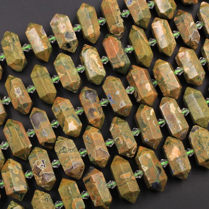 Intrinsic Trading Necklaces Natural Rainforest Rhyolite Jasper Faceted Double Terminated Pointed Tips Center Drilled Healing Focal Pendant Bead 16 Strand
