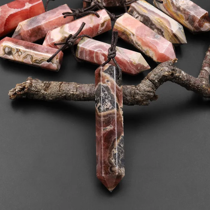 Intrinsic Trading Necklaces Natural Rhodochrosite Obelisk Point Pendant Side Drilled Tower Pendulum Healing Crystal