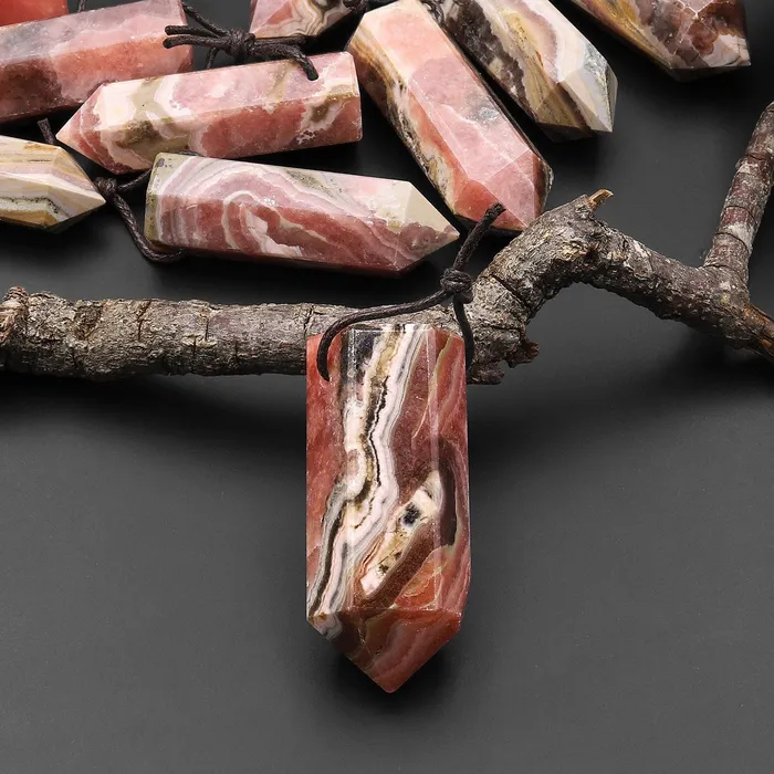 Intrinsic Trading Necklaces Natural Rhodochrosite Obelisk Point Pendant Side Drilled Tower Pendulum Healing Crystal