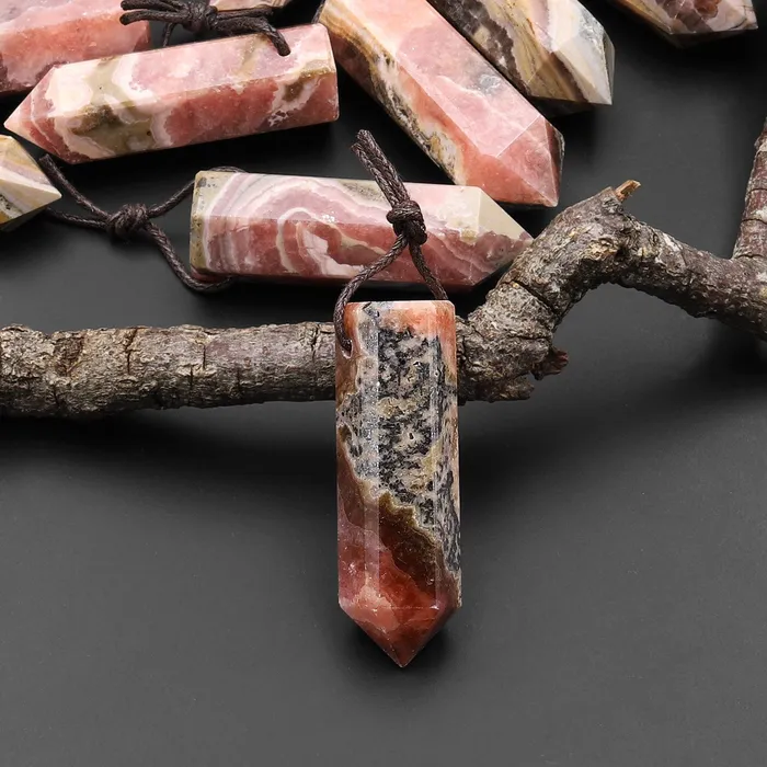 Intrinsic Trading Necklaces Natural Rhodochrosite Obelisk Point Pendant Side Drilled Tower Pendulum Healing Crystal