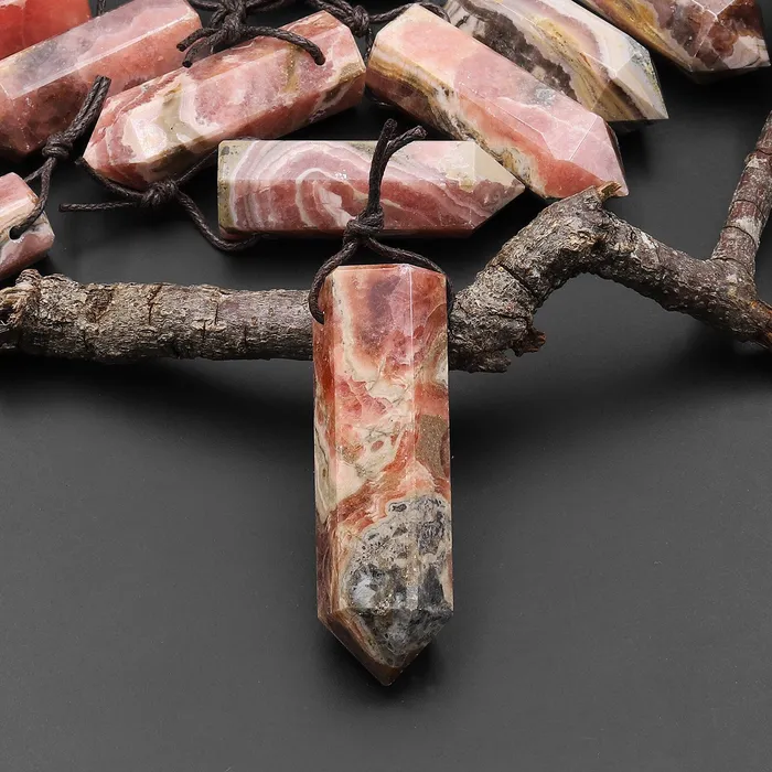 Intrinsic Trading Necklaces Natural Rhodochrosite Obelisk Point Pendant Side Drilled Tower Pendulum Healing Crystal