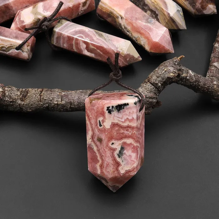 Intrinsic Trading Necklaces Natural Rhodochrosite Obelisk Point Pendant Side Drilled Tower Pendulum Healing Crystal