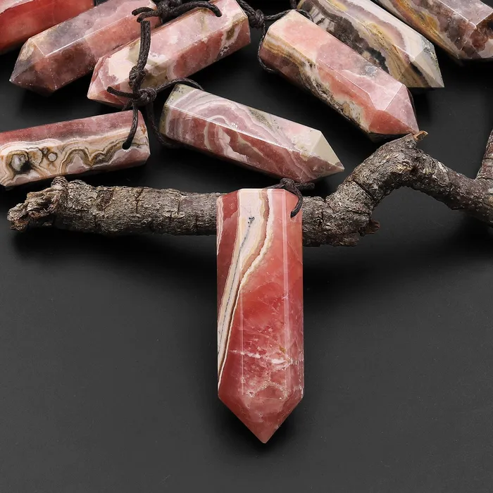 Intrinsic Trading Necklaces Natural Rhodochrosite Obelisk Point Pendant Side Drilled Tower Pendulum Healing Crystal