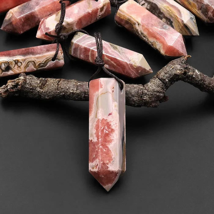 Intrinsic Trading Necklaces Natural Rhodochrosite Obelisk Point Pendant Side Drilled Tower Pendulum Healing Crystal