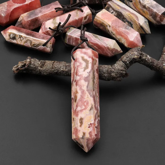 Intrinsic Trading Necklaces Natural Rhodochrosite Obelisk Point Pendant Side Drilled Tower Pendulum Healing Crystal