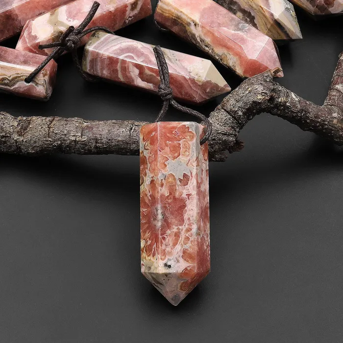 Intrinsic Trading Necklaces Natural Rhodochrosite Obelisk Point Pendant Side Drilled Tower Pendulum Healing Crystal