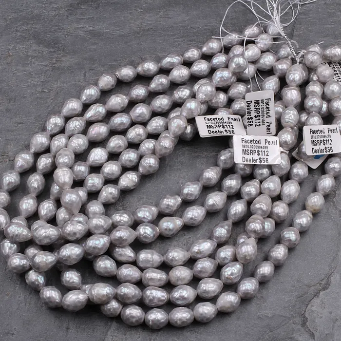 Intrinsic Trading Rings Faceted Genuine Freshwater Silver Pearl Teardrop Shimmery Iridescent Beads 16 Strand
