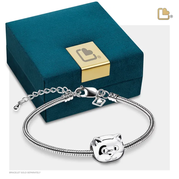 LoveUrns Treasure Cat Rhodium Plated Sterling Silver Cremation Bracelet Bead Bracelets