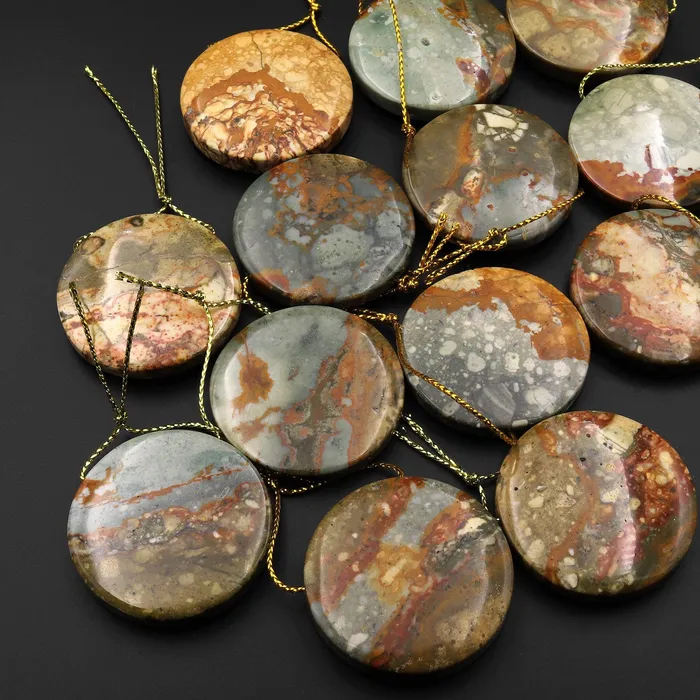 Natural Owyhee Picture Jasper Circle Coin Pendant Side Drilled Intrinsic Trading Necklaces