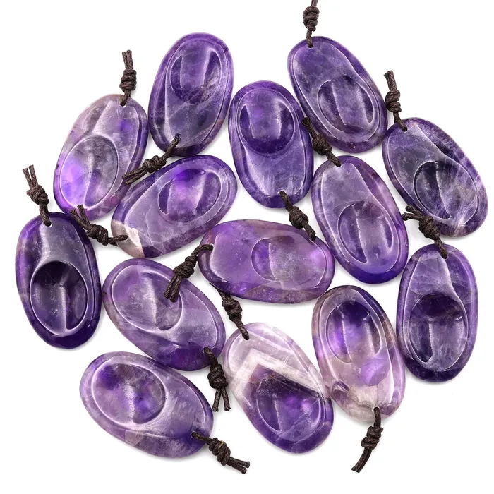 Natural Purple Amethyst Pendant Indented Oval Focal Worry Stone Bead Intrinsic Trading Necklaces