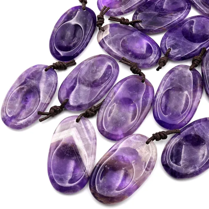 Natural Purple Amethyst Pendant Indented Oval Focal Worry Stone Bead Intrinsic Trading Necklaces