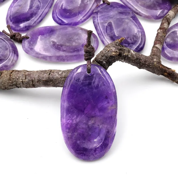 Natural Purple Amethyst Pendant Indented Oval Focal Worry Stone Bead Intrinsic Trading Necklaces