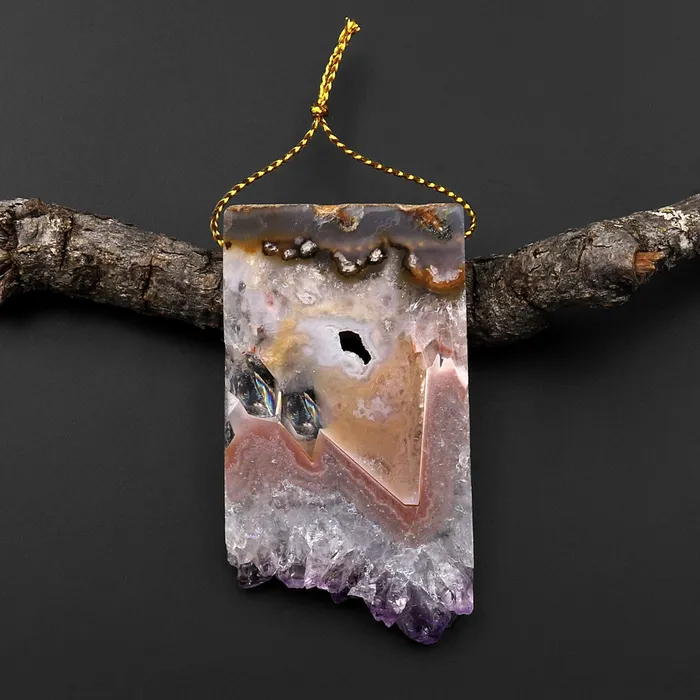 Natural Purple Amethyst Stalactite Druzy Pendant Side Drilled Flat Slice Rectangle P0210 Intrinsic Trading Necklaces