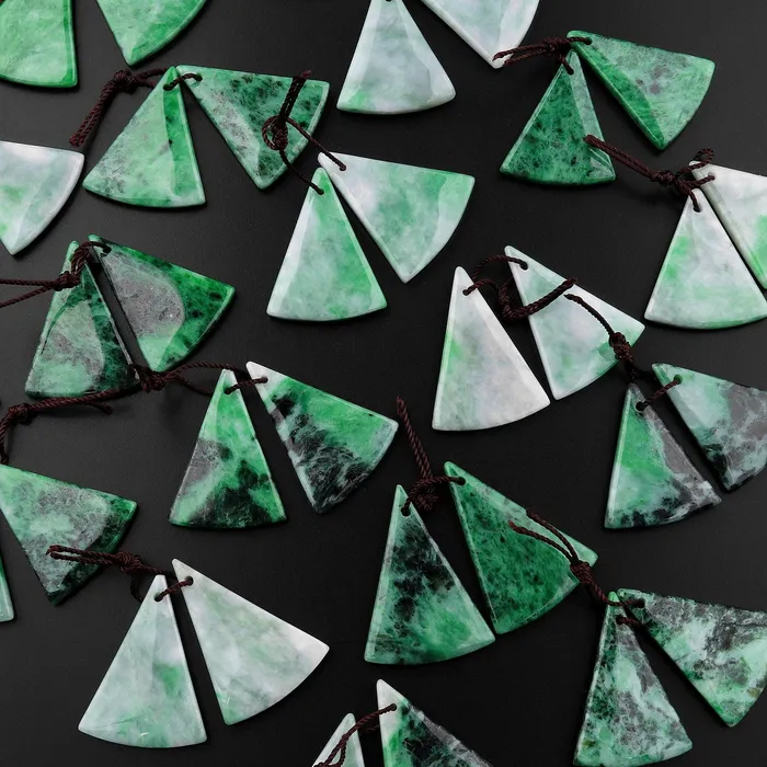 Natural Real Genuine Green Burma Jade Fan Triangle Earring Pair Drilled Gemstone Matched Beads Intrinsic Trading Earrings Natural Real Genuine Green Burma Jade Fan Triangle Earring Pair Drilled Gemstone Matched Beads Intrinsic Trading Earrings