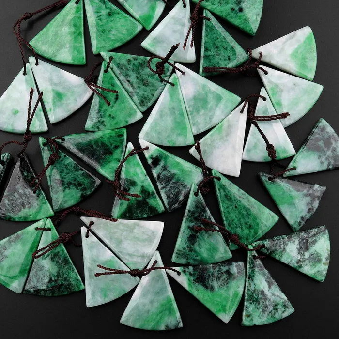 Natural Real Genuine Green Burma Jade Fan Triangle Earring Pair Drilled Gemstone Matched Beads Intrinsic Trading Earrings