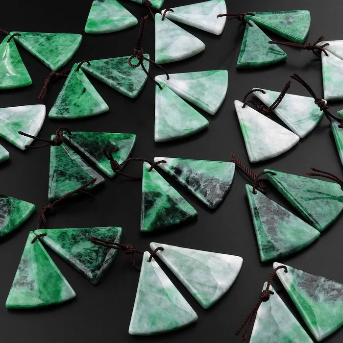 Natural Real Genuine Green Burma Jade Fan Triangle Earring Pair Drilled Gemstone Matched Beads Intrinsic Trading Earrings