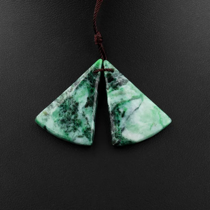 Natural Real Genuine Green Burma Jade Fan Triangle Earring Pair Drilled Gemstone Matched Beads Intrinsic Trading Earrings