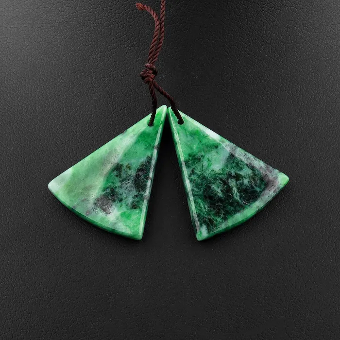 Natural Real Genuine Green Burma Jade Fan Triangle Earring Pair Drilled Gemstone Matched Beads Intrinsic Trading Earrings