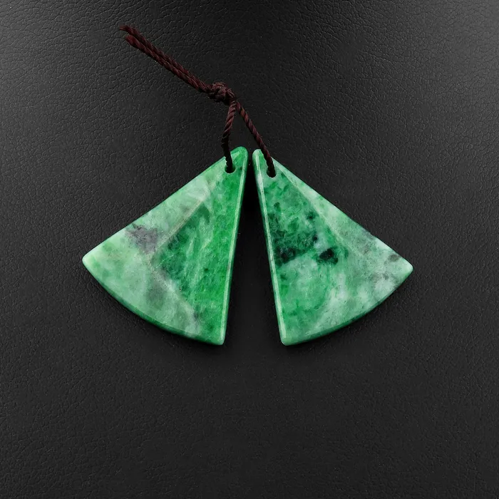 Natural Real Genuine Green Burma Jade Fan Triangle Earring Pair Drilled Gemstone Matched Beads Intrinsic Trading Earrings