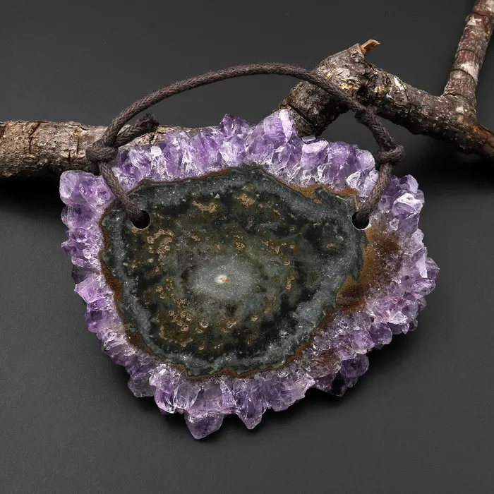 Necklaces 2 Hole Pendant Natural Amethyst Stalactite Flower Pendant Flat Slice Freeform One of a Kind P0131 Intrinsic Trading Necklaces 2 Hole Pendant Natural Amethyst Stalactite Flower Pendant Flat Slice Freeform One of a Kind P0131 Intrinsic Trading