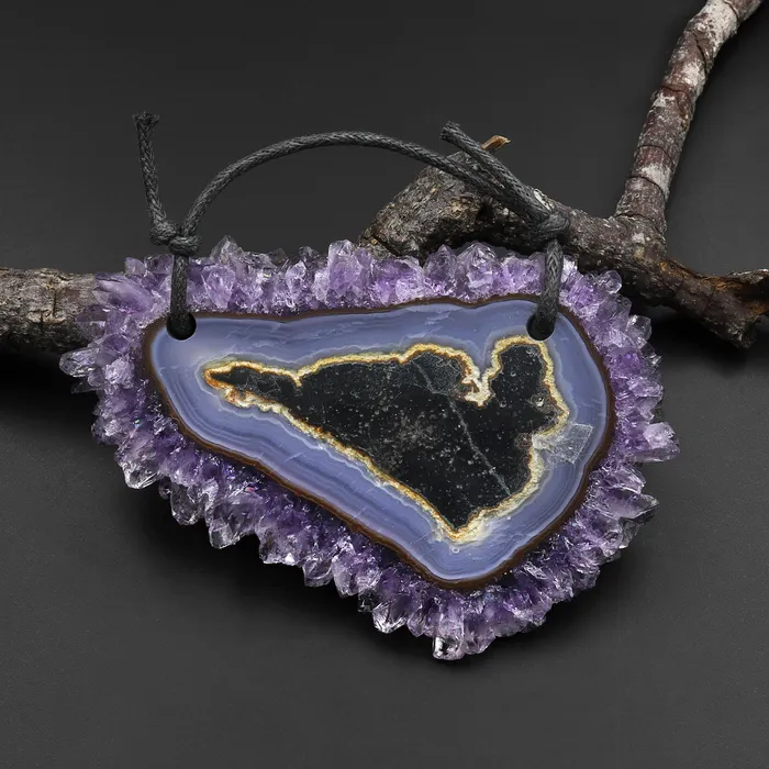 Necklaces Intrinsic Trading 2 Hole Pendant Natural Amethyst Stalactite Flower Pendant Flat Slice Freeform One of a Kind P0170 Necklaces Intrinsic Trading 2 Hole Pendant Natural Amethyst Stalactite Flower Pendant Flat Slice Freeform One of a Kind P0170