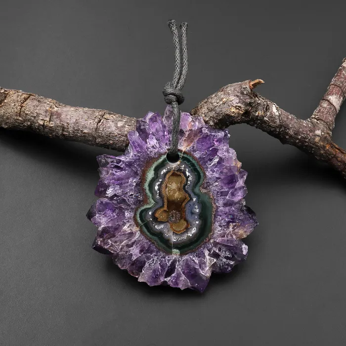Necklaces Intrinsic Trading Natural Amethyst Stalactite Flower Pendant Flat Slice Freeform One of a Kind P0136 Necklaces Intrinsic Trading Natural Amethyst Stalactite Flower Pendant Flat Slice Freeform One of a Kind P0136