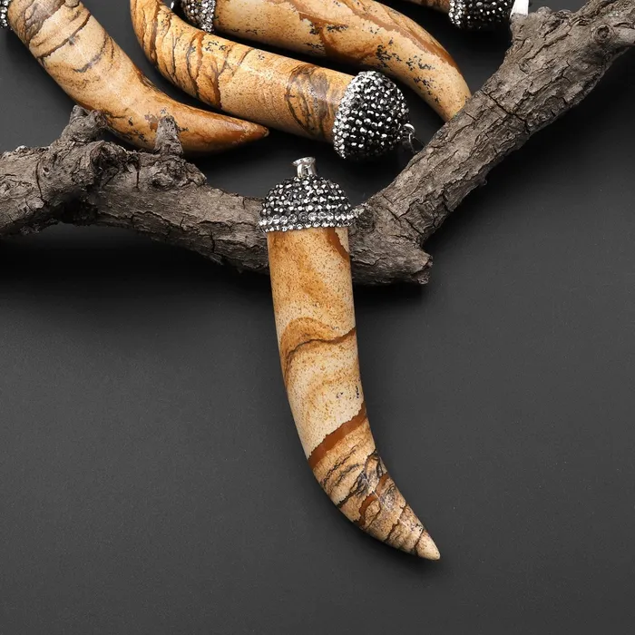 Necklaces Intrinsic Trading Natural Picture Jasper Tooth Claw Pendant Sparkling Rhinestone Necklaces Intrinsic Trading Natural Picture Jasper Tooth Claw Pendant Sparkling Rhinestone