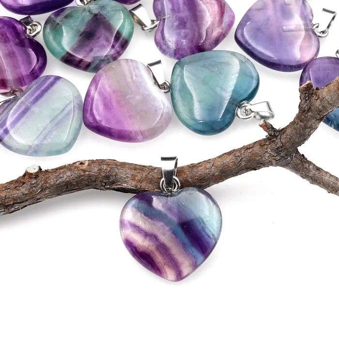 Necklaces Intrinsic Trading Natural Rainbow Fluorite Heart Pendant 20mm A6