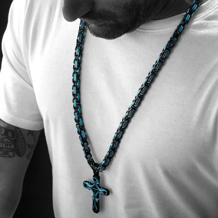 Necklaces SpicyIce Black Aqua Tribal Cross Necklace