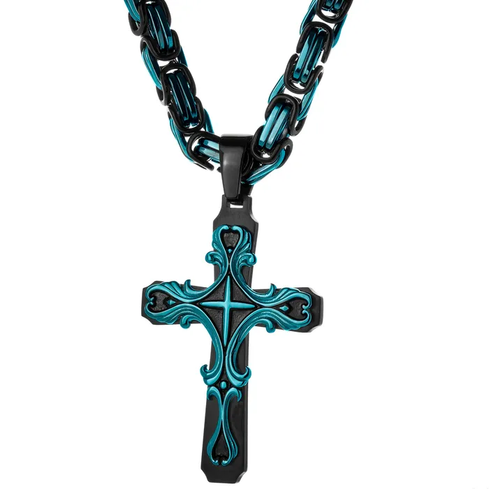 Necklaces SpicyIce Black Aqua Tribal Cross Necklace