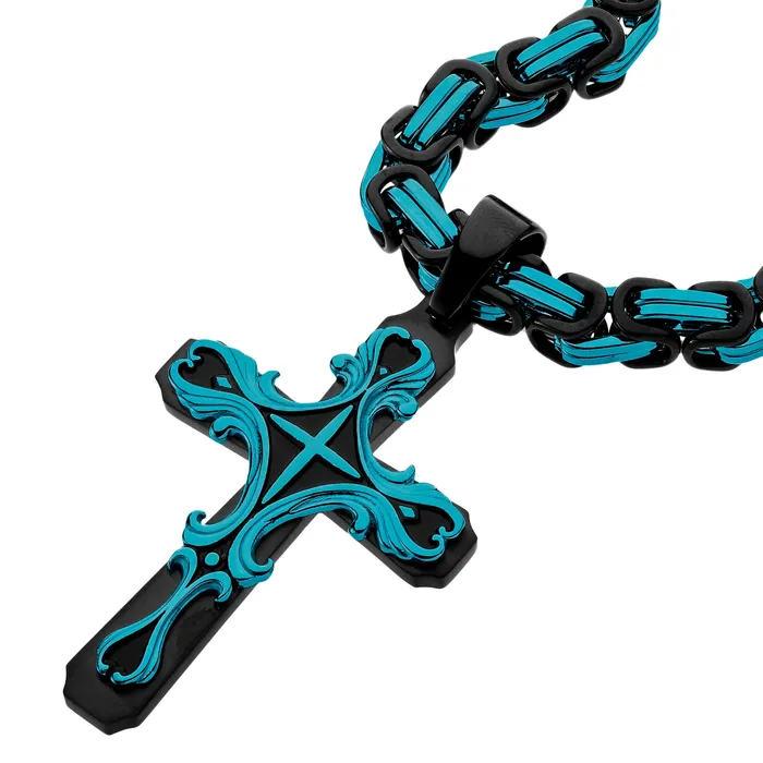 Necklaces SpicyIce Black Aqua Tribal Cross Necklace