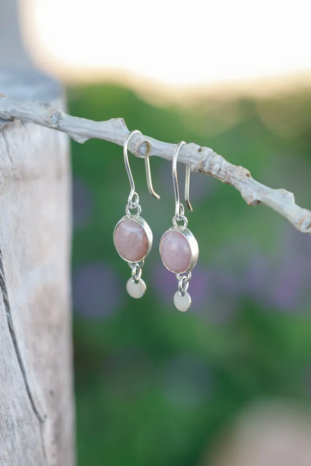 Peach Moonstone and Silver Disk Dangle Earrings Small N Simple Jewelry Earrings Peach Moonstone and Silver Disk Dangle Earrings Small N Simple Jewelry Earrings