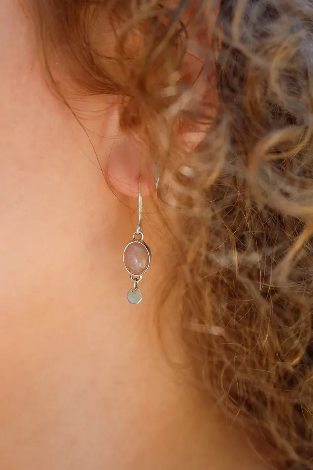 Peach Moonstone and Silver Disk Dangle Earrings Small N Simple Jewelry Earrings Peach Moonstone and Silver Disk Dangle Earrings Small N Simple Jewelry Earrings