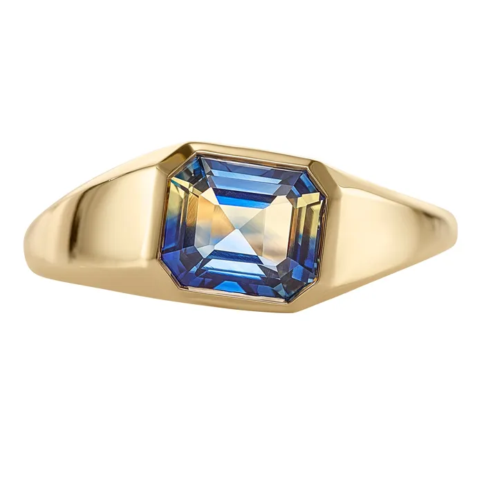 Rings ARTEMER Chunky Asymmetric Statement Ring with OOAK Emerald Cut Parti Sapphire