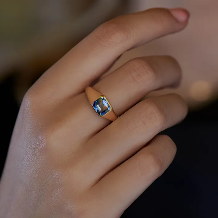 Rings ARTEMER Chunky Asymmetric Statement Ring with OOAK Emerald Cut Parti Sapphire