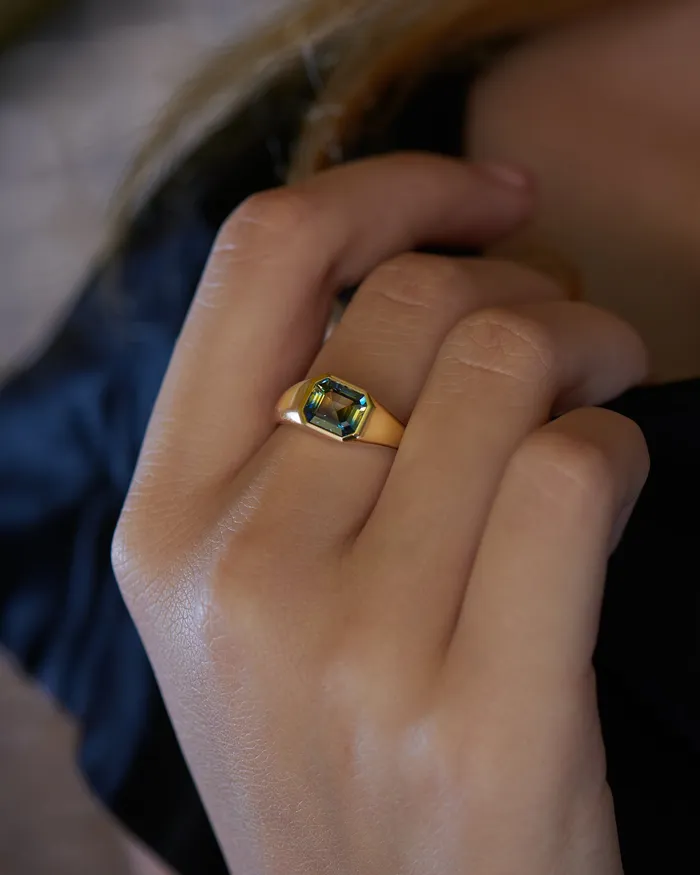Rings ARTEMER Chunky Asymmetric Statement Ring with OOAK Emerald Cut Parti Sapphire