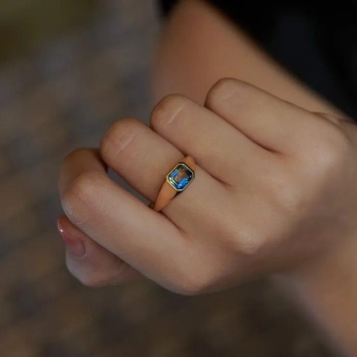 Rings ARTEMER Chunky Asymmetric Statement Ring with OOAK Emerald Cut Parti Sapphire
