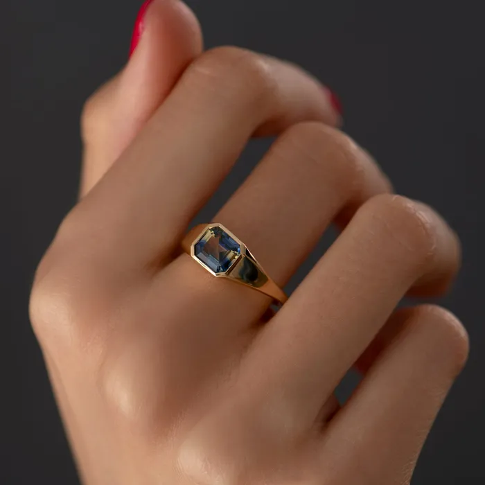 Rings ARTEMER Chunky Asymmetric Statement Ring with OOAK Emerald Cut Parti Sapphire