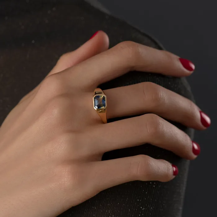 Rings ARTEMER Chunky Asymmetric Statement Ring with OOAK Emerald Cut Parti Sapphire