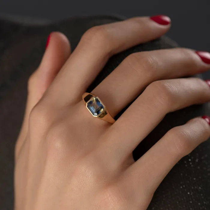 Rings ARTEMER Chunky Asymmetric Statement Ring with OOAK Emerald Cut Parti Sapphire